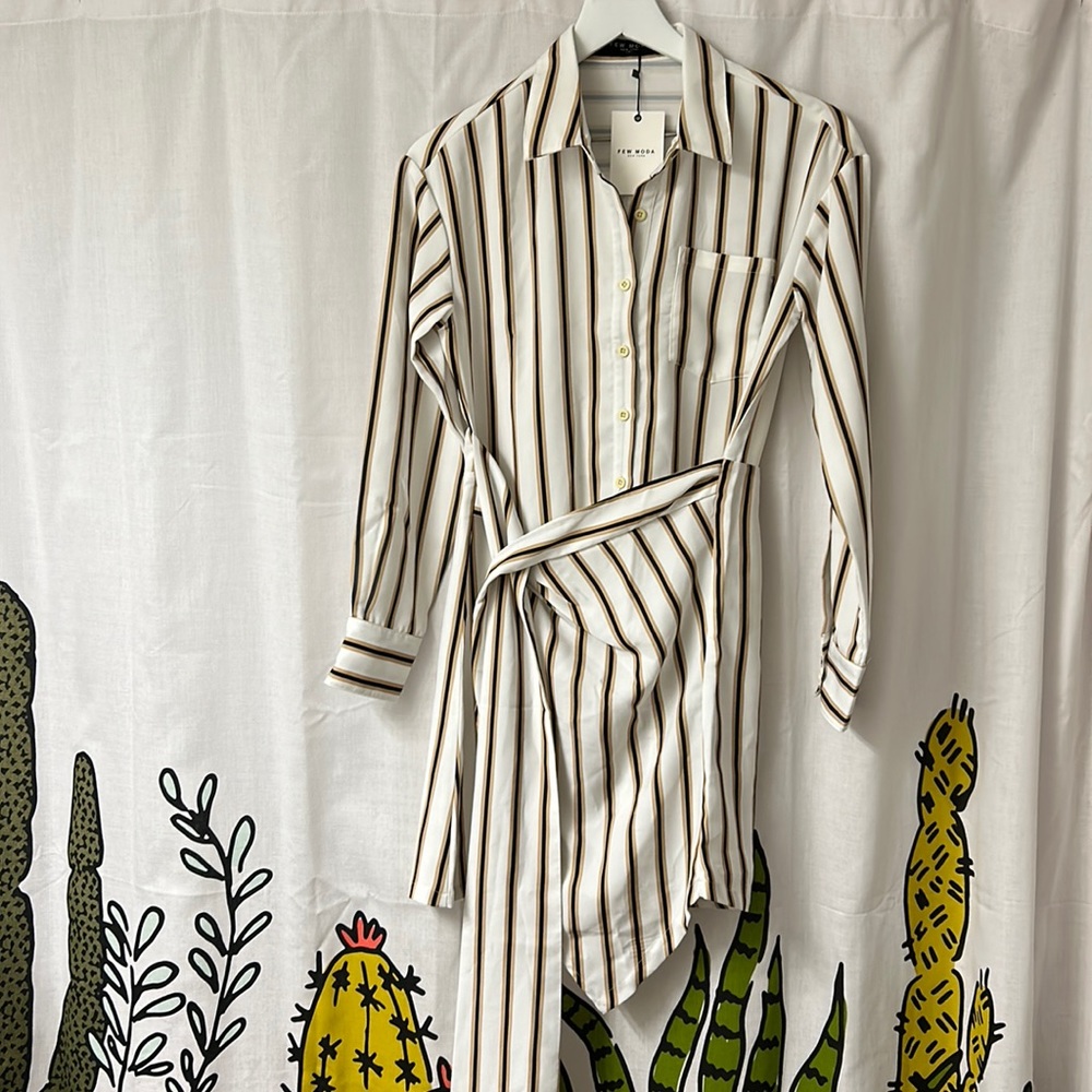 Striped Long-Sleeve Shirt Dress in Ivory and Brown